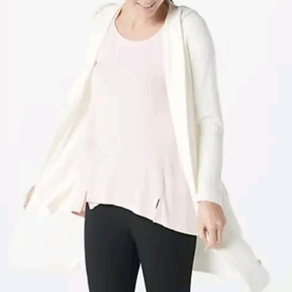 Barefoot Dreams Cozy chic lite knit long line hooded Open Cardigan Pearl Sz M